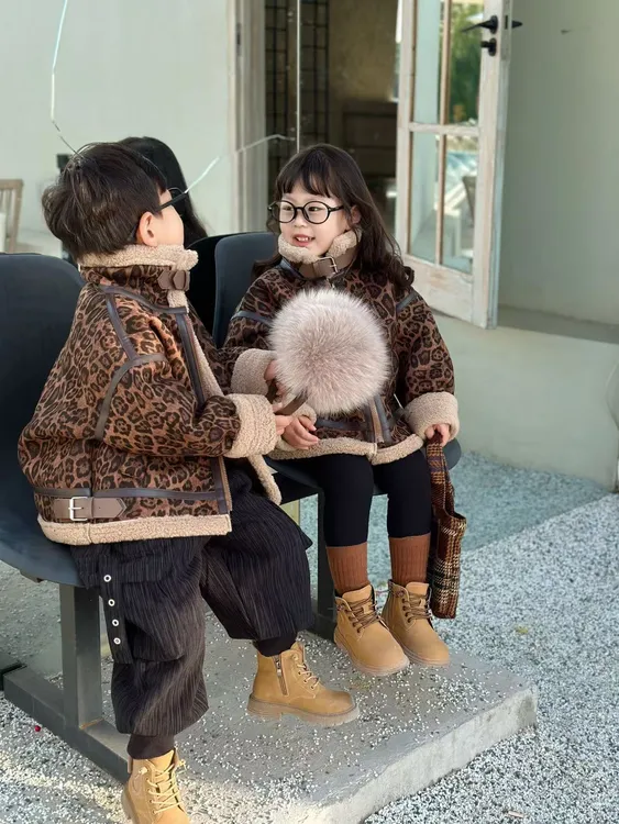 《加厚款》复古豹纹加绒加厚皮毛一体机车服冬季时尚羊羔外套保暖