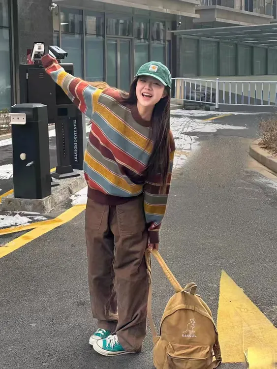 慵懒复古彩条纹卫衣女秋冬季加绒加厚韩版宽松洋气时尚百搭长袖潮