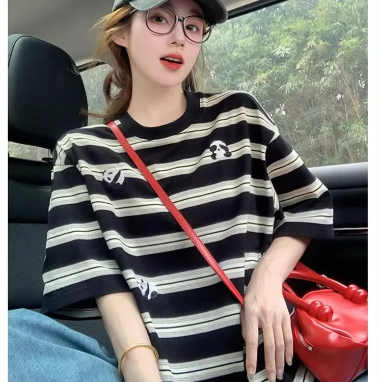 2025新款夏季黑色条纹熊猫短袖T恤女复古设计感小众宽松显瘦上777