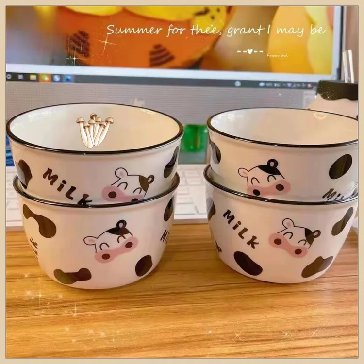 【奶牛-4碗】陶瓷碗米饭碗家用碗盘套装饭碗防烫卡通可爱餐具吃饭碗