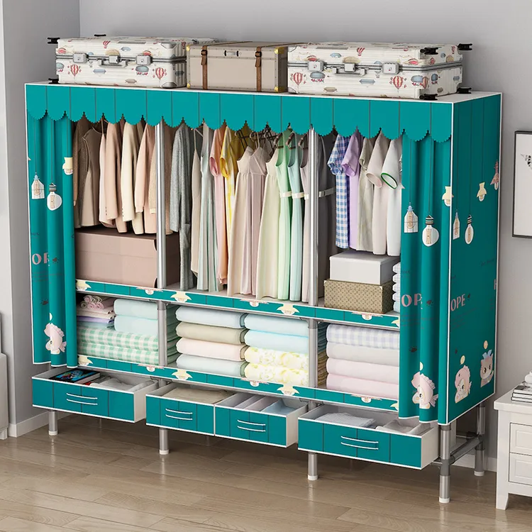 简易衣柜家用卧室结实耐用带抽屉布衣柜加粗加厚全钢架出租房衣橱