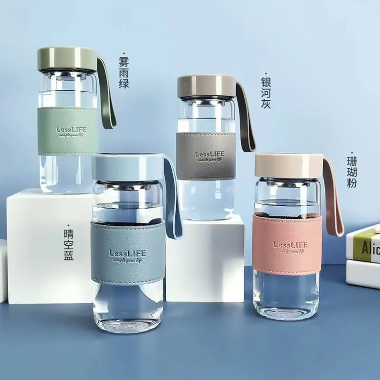 韩式清新耐热玻璃水杯便携商务简约带茶隔女士带提绳泡花茶杯子