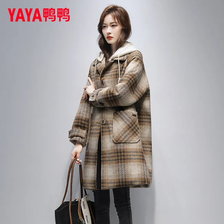 YAYA/鸭鸭品牌时尚大衣羽绒服女格子2025年冬季新款宽松加厚外套