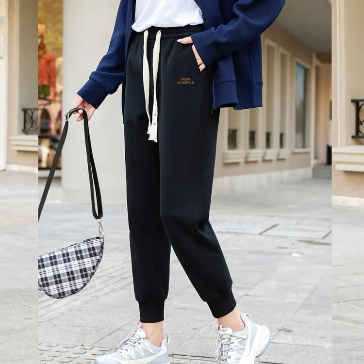 YANPING/燕苹春秋休闲百搭刺绣气质显瘦厚款外穿宽松卫裤|K23-020