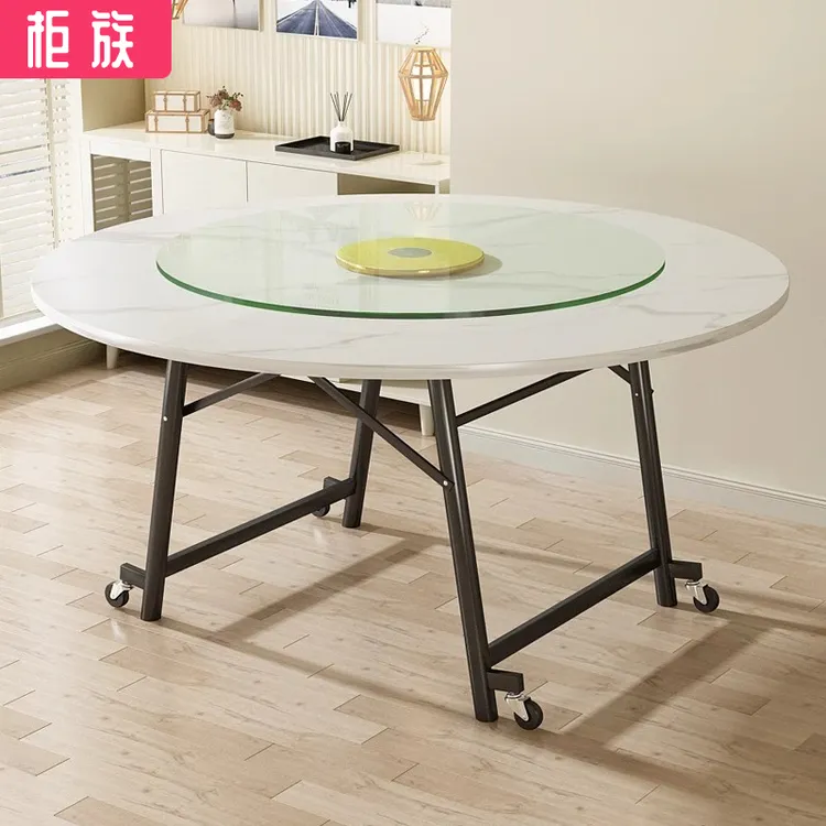 折叠桌可折叠出租房家用小户型简易大圆桌可移动多功能带轮饭桌