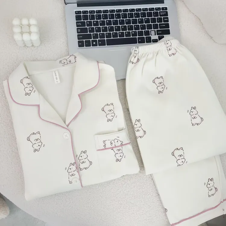 2024秋冬简约翻领休闲德绒长裤睡衣可外穿卡通长袖新款开衫家居服