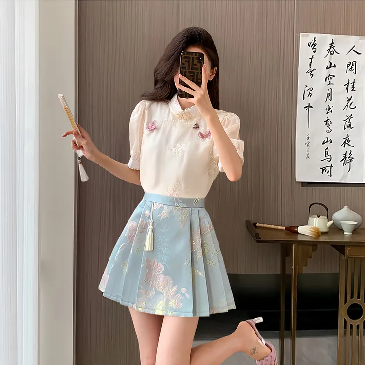 新中式马面裙套装女2024夏季新款国风重工刺绣衬衫+短裙两件套潮