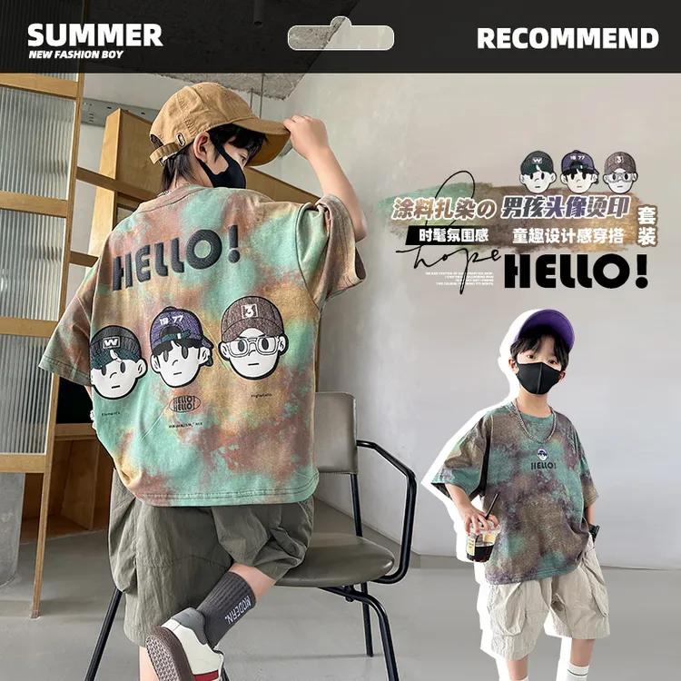 男童半袖短裤套装男孩休闲时髦T恤七分裤儿童中大童宽松夏季薄款