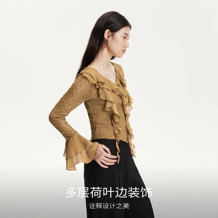 Vero Moda蕾丝衫气质优雅V领荷叶边装饰上衣女百搭洋气324302047