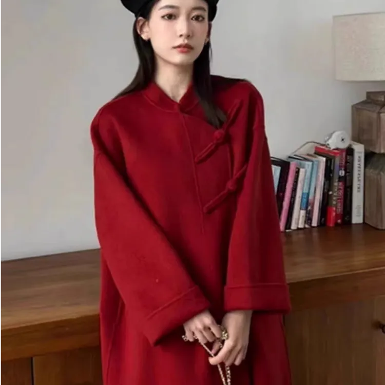 百搭秋冬新款双面呢羊毛大衣女中长款新年结婚喜婆婆时尚宽松气质