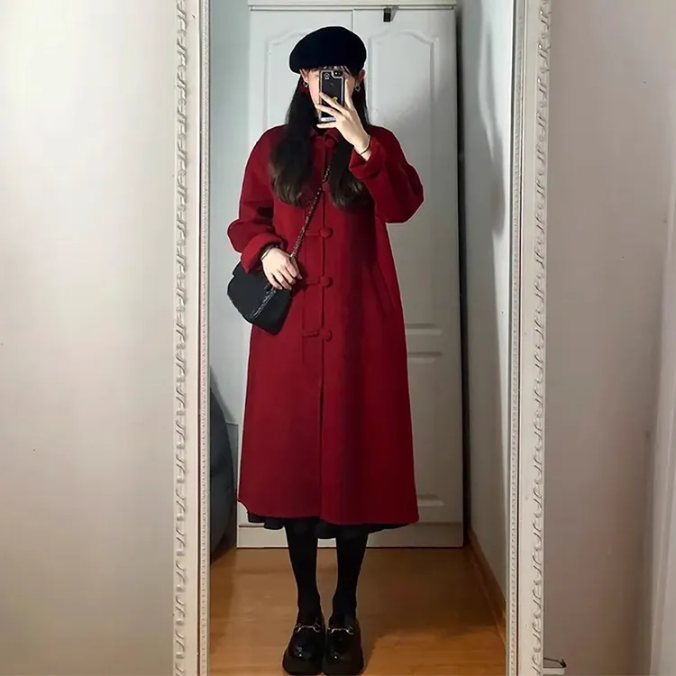 红色盘扣双面呢羊毛大衣女中长款结婚新娘礼服2024秋冬新款