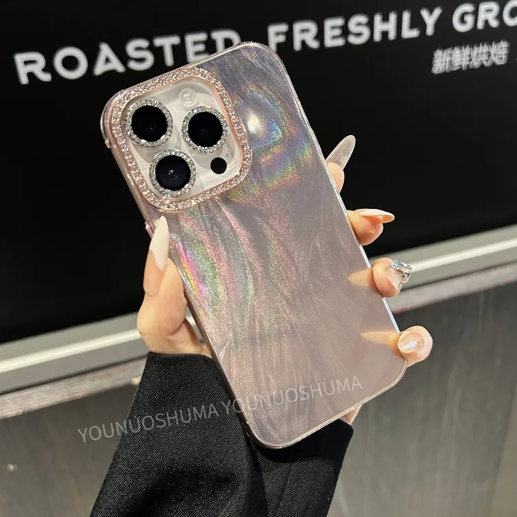 【苹果】iPhone15/14Promax大孔创意防摔闪钻相框羽纱纹女新手机壳