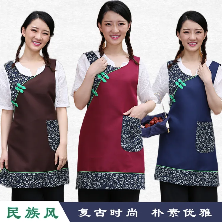 30103款单侧盘扣复古民族风围裙中式服务员花布套头优雅中国风