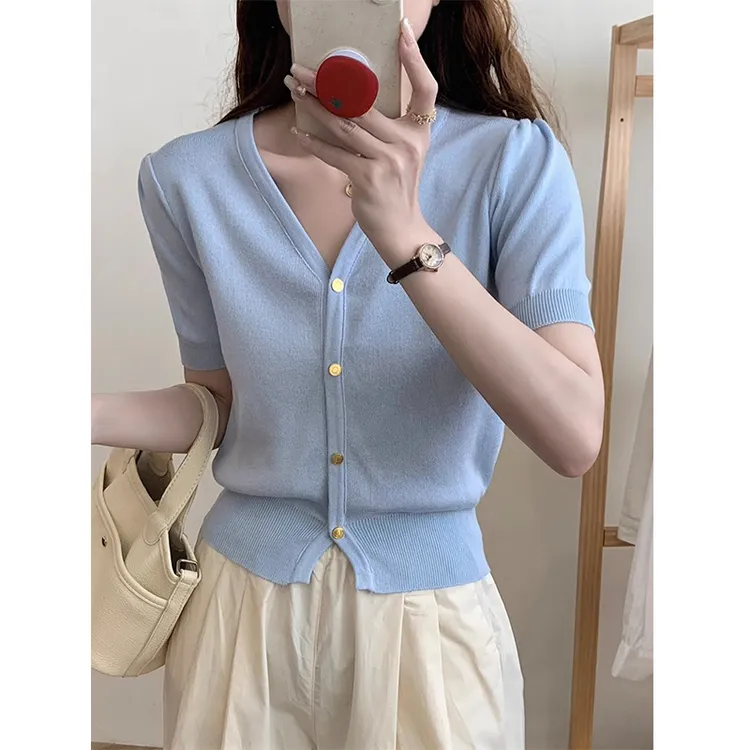夏季V领短袖针织开衫女薄款韩系温柔风小金扣短款收腰显瘦t恤上衣