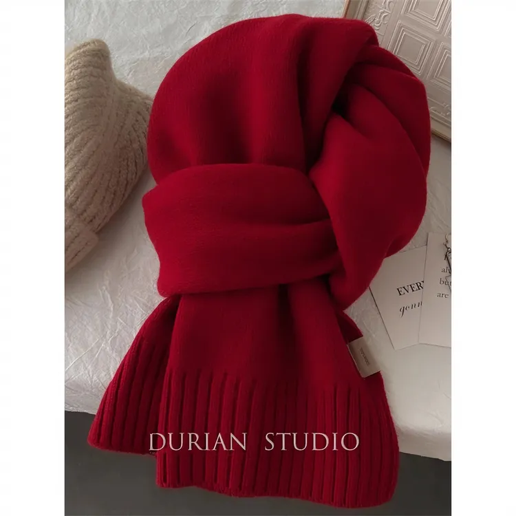 加厚加宽100%羊毛围巾女秋冬季红色网红保暖针织情侣围脖生日礼物