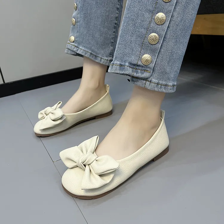 女款大码平底鞋女单鞋百搭方头夏百搭浅口蝴蝶结奶奶鞋平底鞋女款