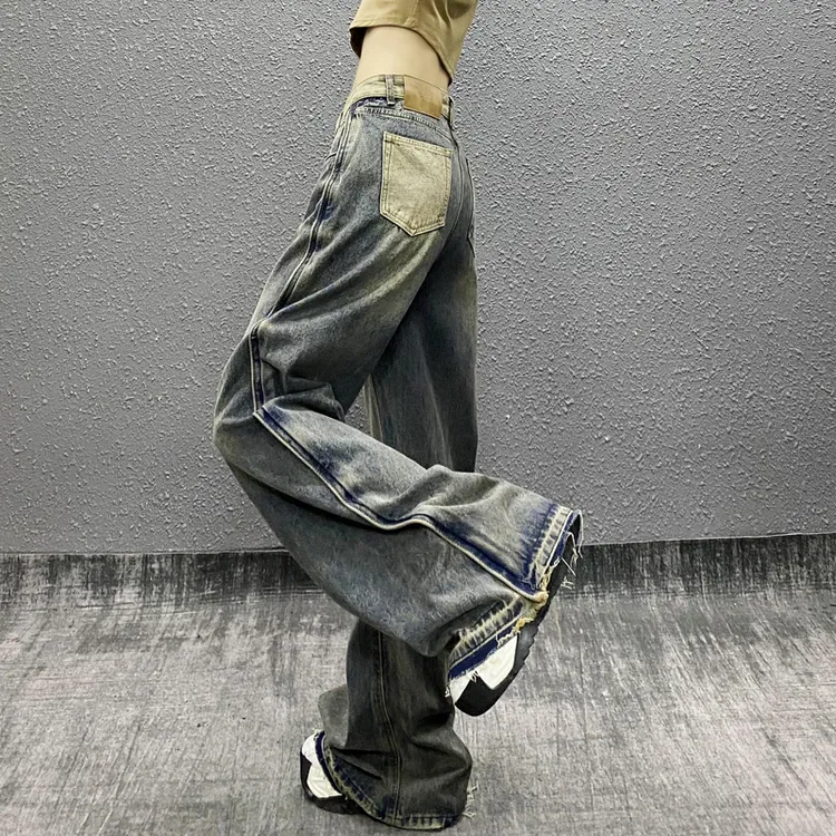 炫酷拼色口袋休闲牛仔裤女秋新款高腰宽松显瘦百搭直筒阔腿拖地裤