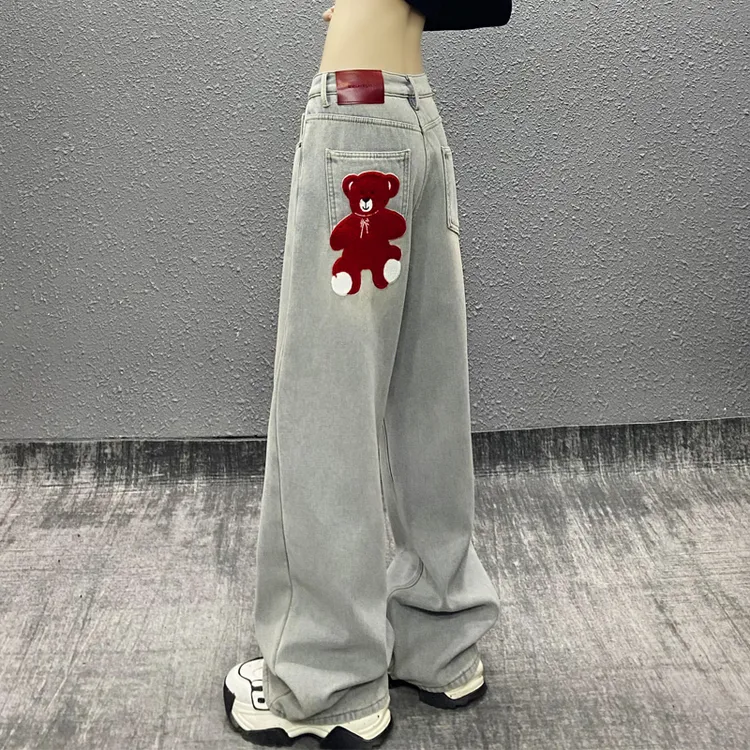 帅气口袋装饰加绒做旧牛仔裤女冬新款高腰宽松显瘦百搭垂感阔腿裤