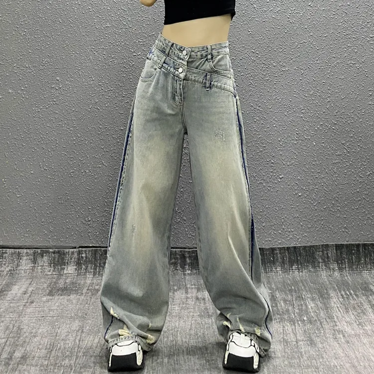 个性高腰设计侧边拼色破洞牛仔裤女秋新款宽松显瘦百搭直筒阔腿裤