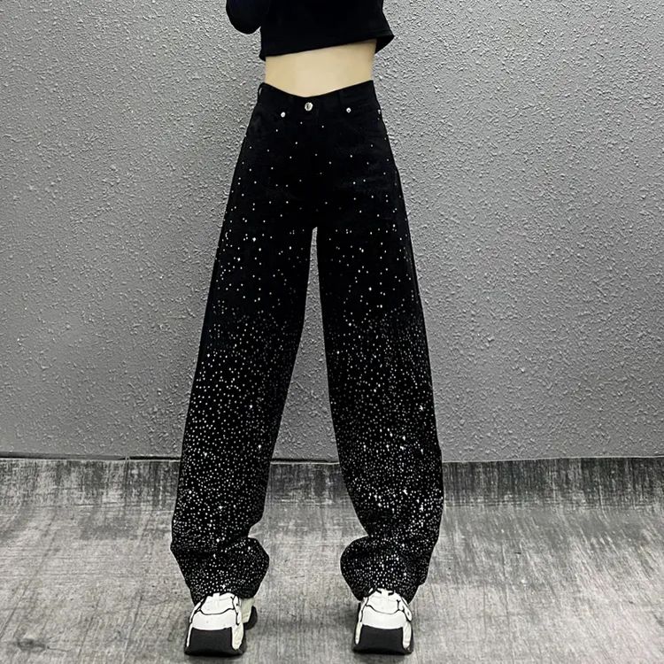 炫酷烫钻黑色休闲牛仔裤女秋新款高腰宽松显瘦百搭直筒阔腿拖地裤
