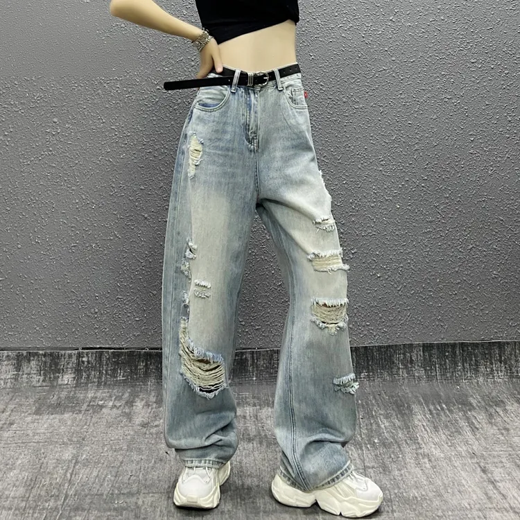 潮牌破洞设计休闲牛仔裤女夏新款高腰宽松显瘦直筒百搭阔腿拖地裤