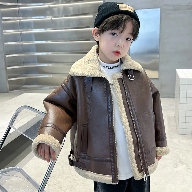 巴拉童年儿童装男童加绒皮衣外套秋冬款2024新款男孩中大童加厚皮