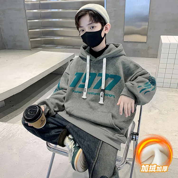 巴拉童年男童加绒卫衣一体绒男孩打底衫秋冬款中大儿童装加厚连帽