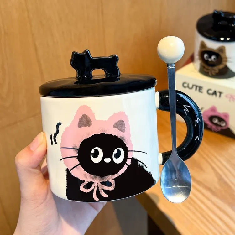 可爱猫咪马克杯女生高颜值杯子陶瓷带盖勺办公室情侣咖啡水杯礼盒