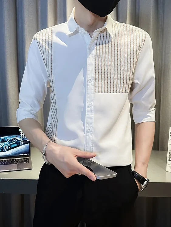 夏季薄款拼接短袖衬衫男士轻奢休闲痞帅翻领衬衣五分袖寸衫内搭新
