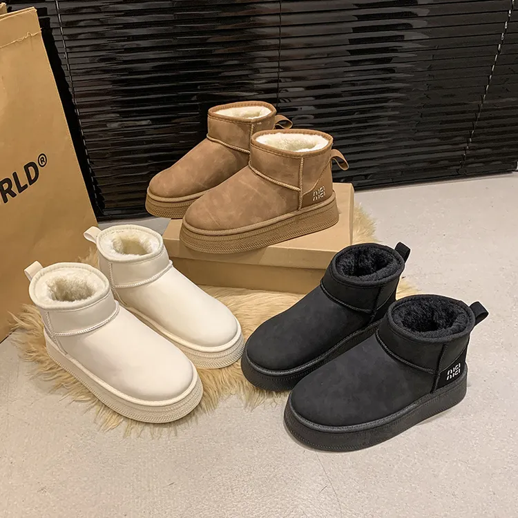 【现货明星同款】雪地靴女冬皮毛一体防滑加绒短靴一脚蹬东北大棉鞋