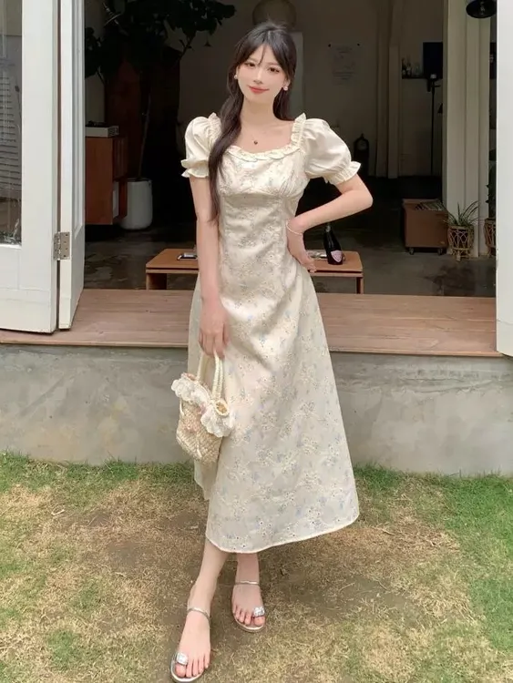 大码胖mm花房日记夏季微胖显瘦绣花印花拼接短袖连衣裙长裙