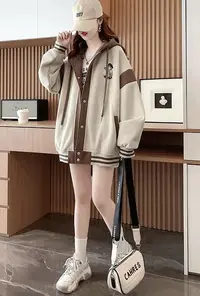 董小姐/24725休闲连帽卫衣洋气减龄宽松撞色棒球服外套