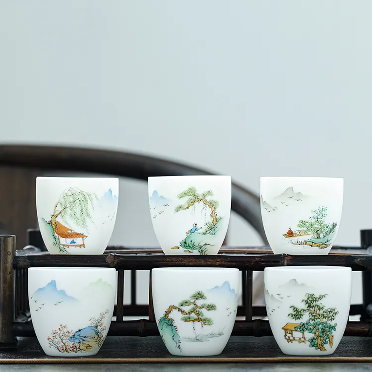 钰铨龙门 手绘山水主人杯 德化羊脂玉白瓷素烧中式喝茶品茗杯单杯