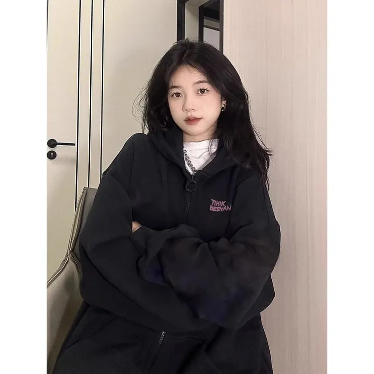 却爱卫衣外套女秋冬款拉链潮流开衫冬季连帽新款加绒加厚百搭韩版