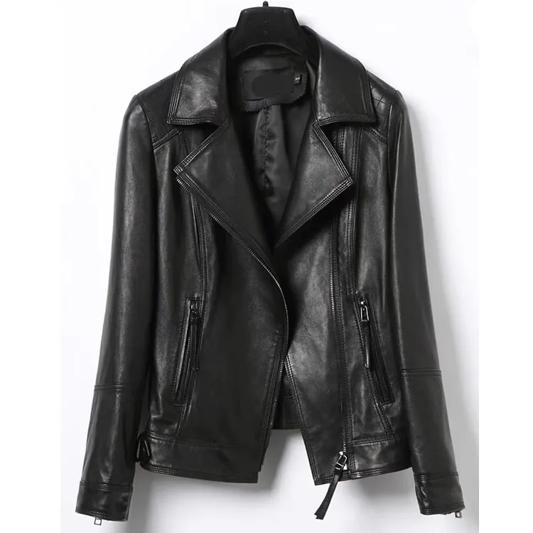 海宁皮衣女外套皮夹克外套春秋短款时尚女士黑色真皮修身NNK-898