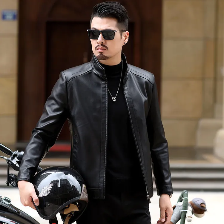 海宁商务男皮衣大码男士春秋休闲中年加绒宽松立领爸爸装皮外套