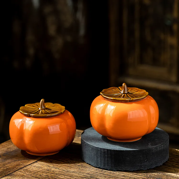 柿子茶叶罐中式陶瓷小号便携密封防潮事事如意电视柜装饰品摆件
