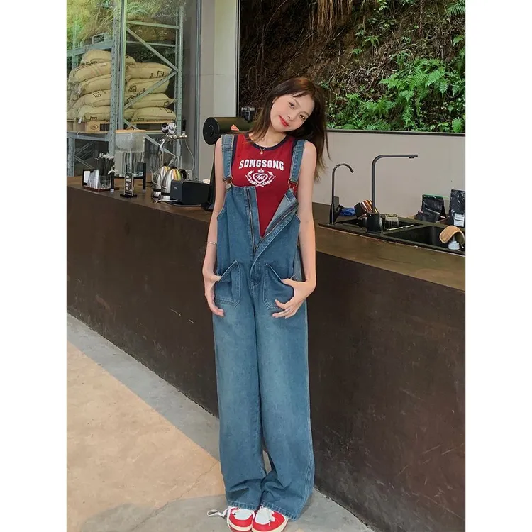 2025款牛仔背带裤女设计感小众春秋小个子减龄韩版宽松显瘦阔腿裤
