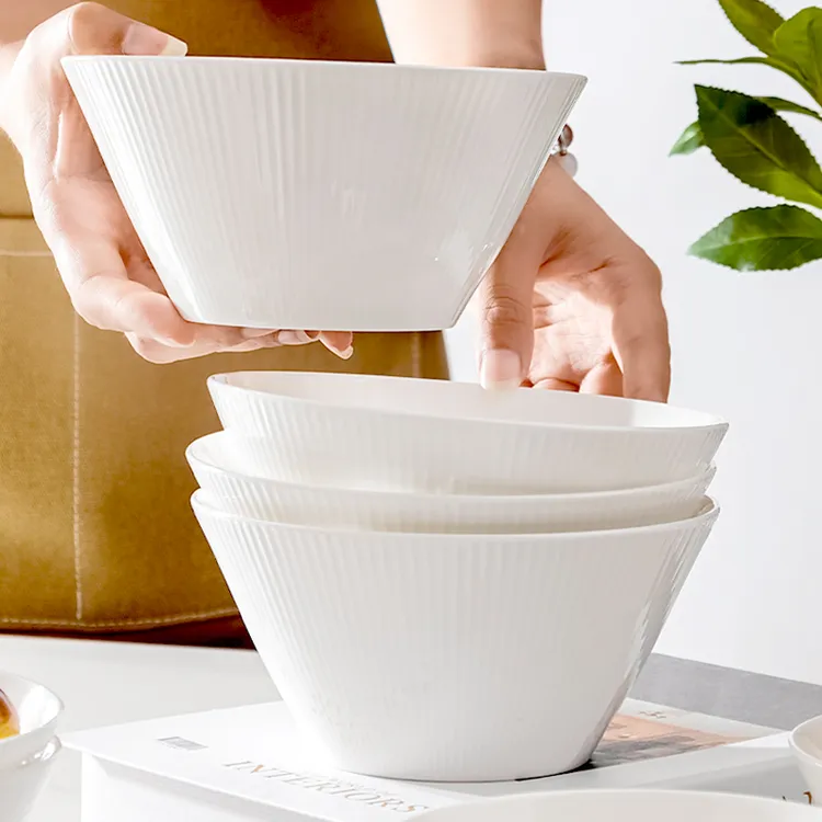 纯白竖纹碗无铅镉骨瓷饭碗粥碗面碗微波炉家用可定制logo