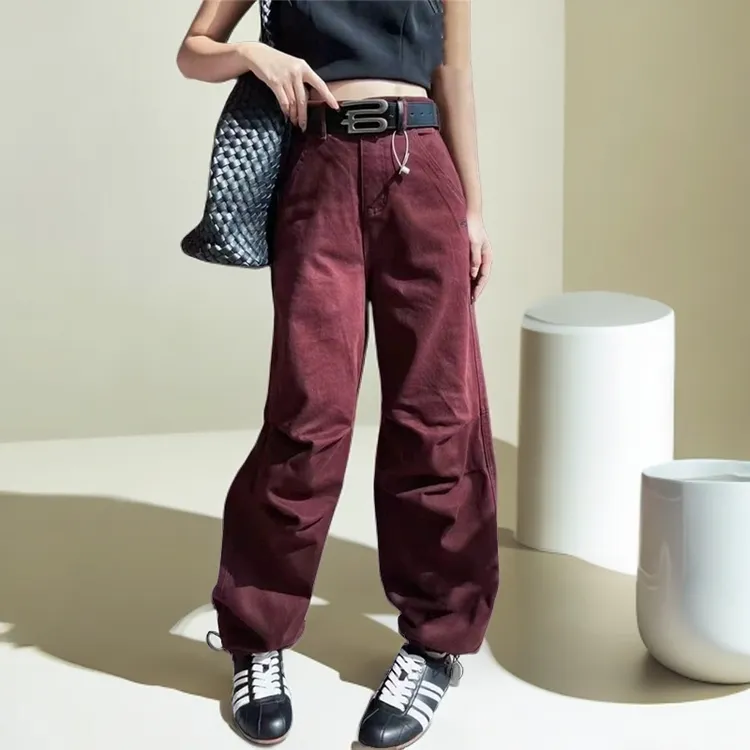 安可拉红设计感阔腿工装裤2024秋季新款高腰显瘦直筒宽松束脚时尚