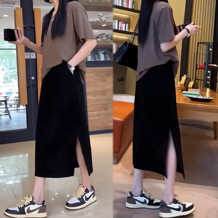 大码高腰显瘦半身裙女2025夏季新款微胖弹力中长款黑色开叉A字裙