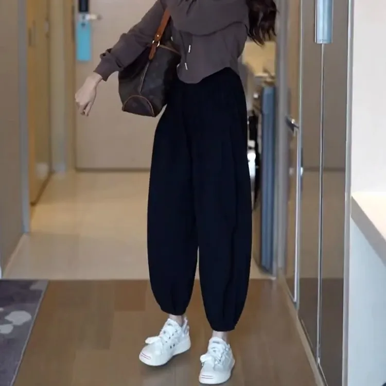 宽松阔腿哈伦裤女春2025新款大码高腰显瘦百搭束脚九分休闲老爹裤