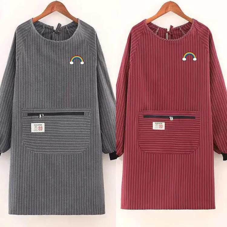 时尚成人纯棉长袖围裙女耐脏罩衣加肥干活外穿厨房家用上班工作服