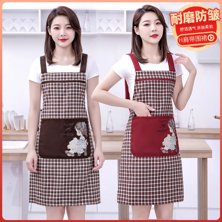 韩版成人时尚防油棉布围裙家用厨房做饭新款洋气格子透气背带防水