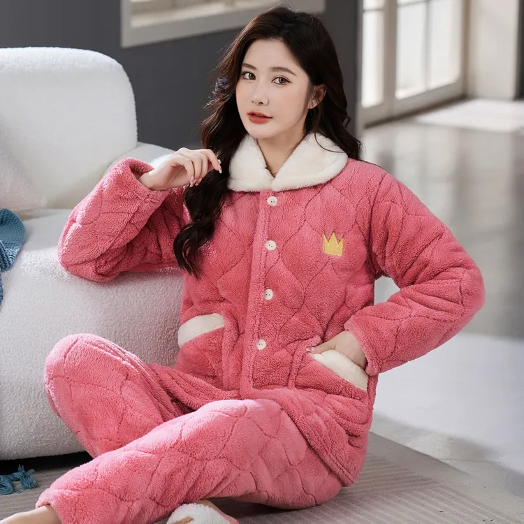 家居服秋冬款加厚珊瑚绒三层夹棉加厚加绒套装外穿保暖加绒睡衣