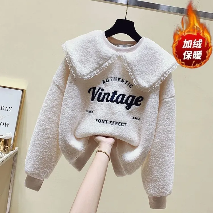 女童羊羔毛卫衣2025秋冬装新款中大童加绒加厚洋气套头娃娃领上衣