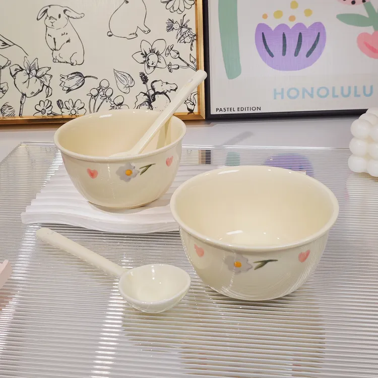 【2碗2勺】奶油紫藤花陶瓷釉下彩碗家用碗盘套装勺饭碗卡通可爱餐具
