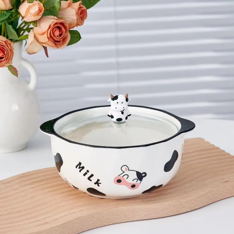 陶瓷碗家用碗盘套装奶牛连耳泡面碗带盖汤碗卡通可爱餐具