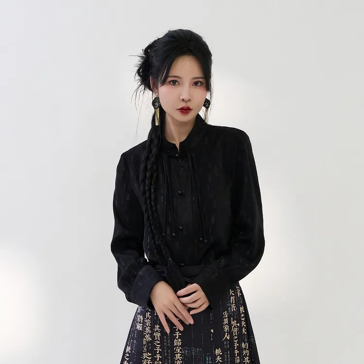 着华【墨色】新中式国风夏天新款上衣衬衣修身显瘦女法式成人款马面