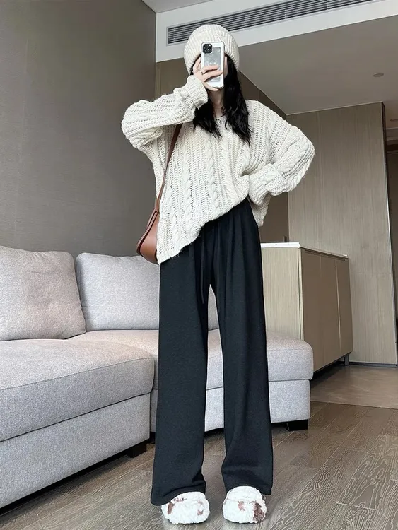 特大码春秋冬季加绒百搭宽松胖MM垂感高腰百搭显瘦休闲直筒糯米裤